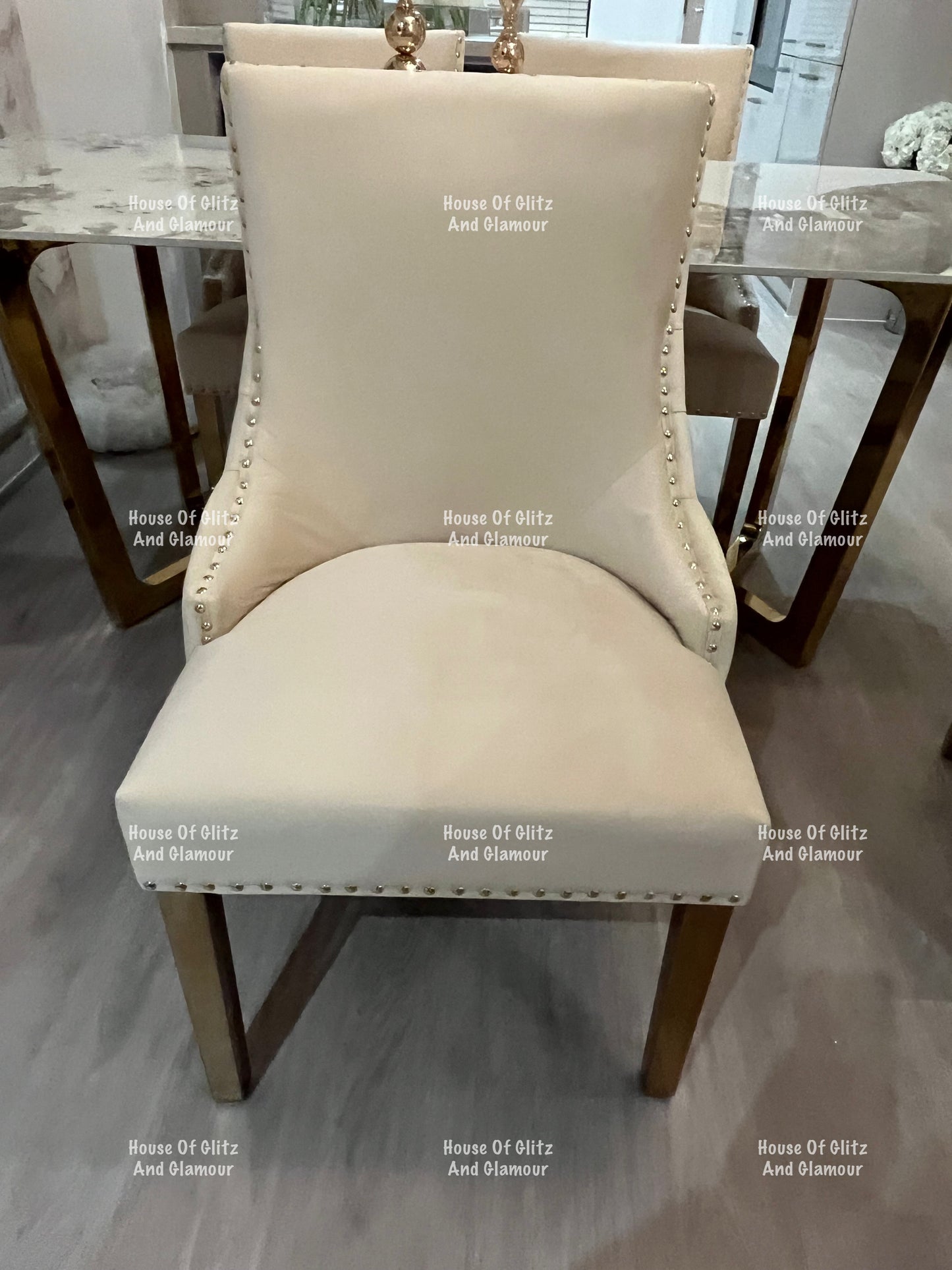 1.8 Pandora Dining Table + 4 Bentley Cream Velvet Studded Back Gold Leg Dining Chairs
