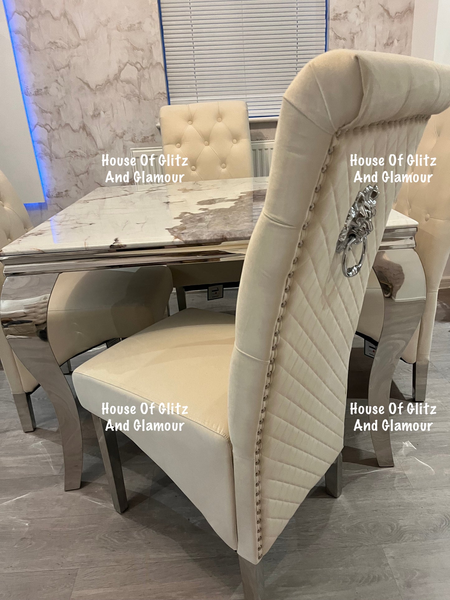 Louis Cream Pandora Marble Dining Table With Chrome Legs + 4 Cream Lou Lou Dining Chairs
