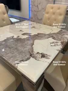 Louis Cream Dining Table With Chrome Legs And Pandora Marble Top