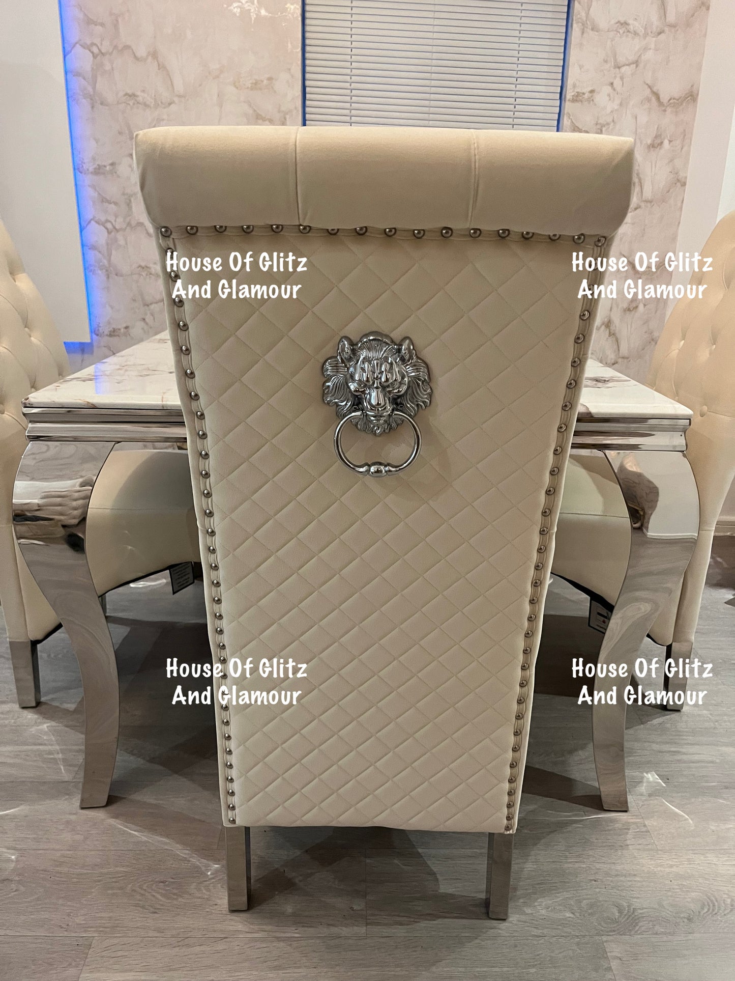Louis Cream Pandora Marble Dining Table With Chrome Legs + 4 Cream Lou Lou Dining Chairs