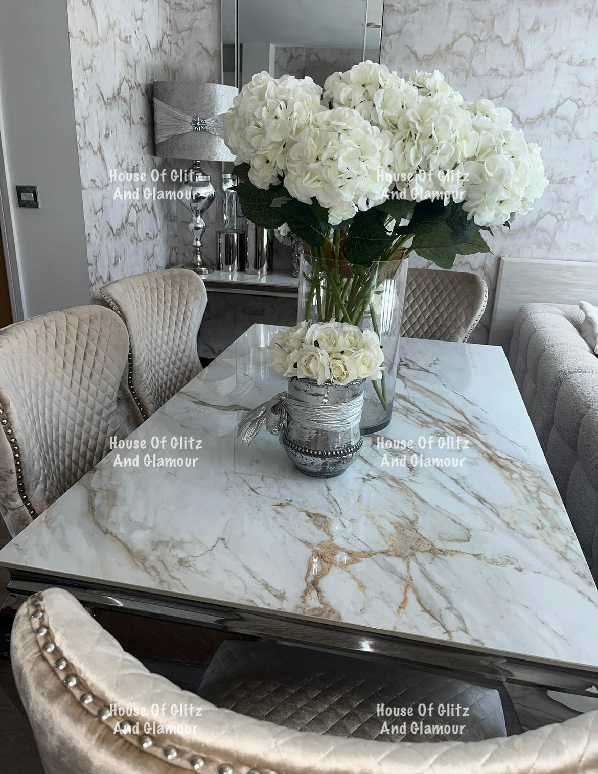 Louis Kata Gold Ceramic & Chrome Dining Table