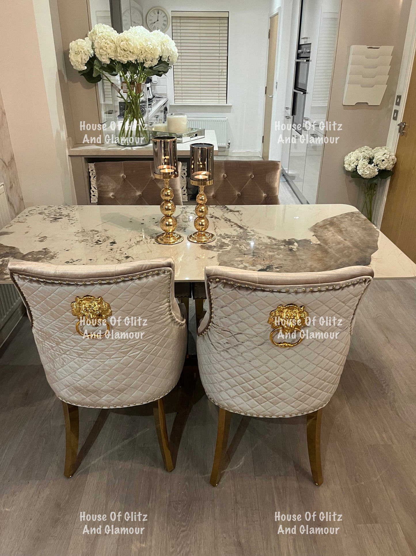 1.8 Dining Table + 4 Chelsea Champagne With Gold Legs Quilted Velvet Lion Head Knocker Back Dining Chairs
