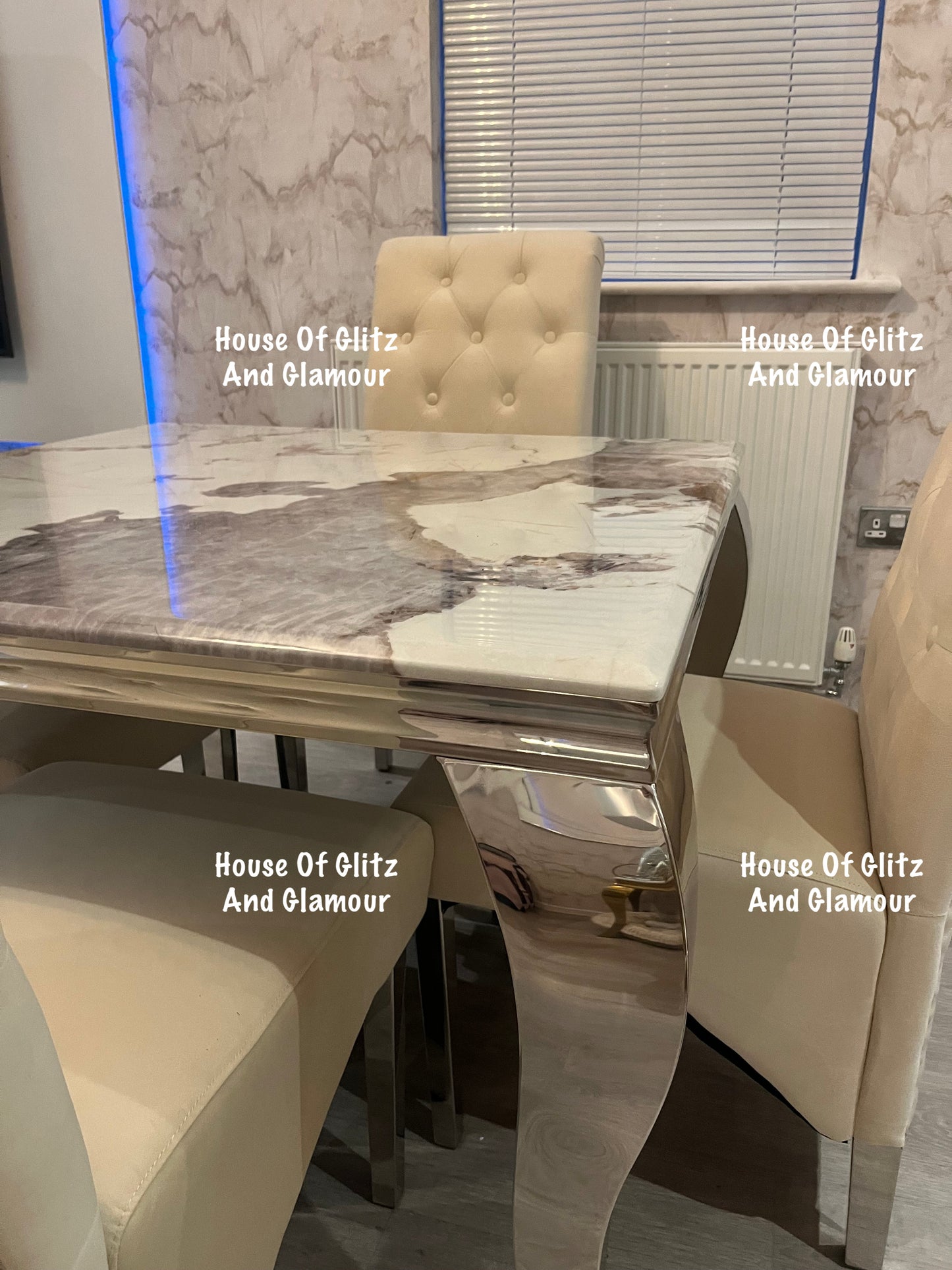 Louis Cream Pandora Marble Dining Table With Chrome Legs + 4 Cream Lou Lou Dining Chairs