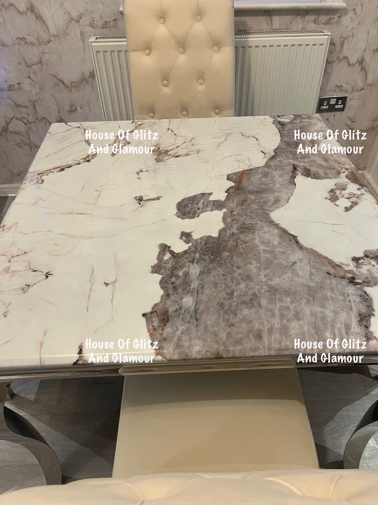Louis Cream Pandora Marble Dining Table With Chrome Legs + 4 Cream Lou Lou Dining Chairs