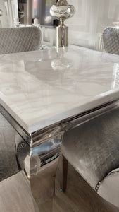 1.0m Louis White Marble & Stainless Steel Dining Table + 4 Winged Chairs