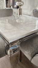 Load image into Gallery viewer, Louis Grey/White Marble &amp; Stainless Steel Dining Table + 4 Chairs