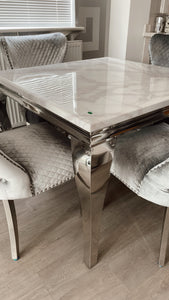 1.0m Louis White Marble & Stainless Steel Dining Table + 4 Winged Chairs