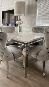 1.0m Louis White Marble & Stainless Steel Dining Table + 4 Winged Chairs