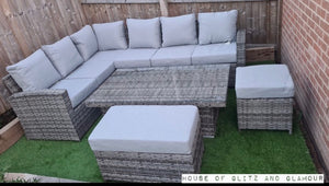 St Tropez Rattan High Back Corner Sofa With Rising Dining Table Set In Grey