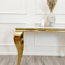 Load image into Gallery viewer, Louis White Glass &amp; Gold Legs Console Table 140cm x 40cm x 75cm