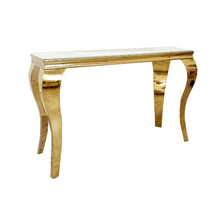 Load image into Gallery viewer, Louis White Glass &amp; Gold Legs Console Table 140cm x 40cm x 75cm
