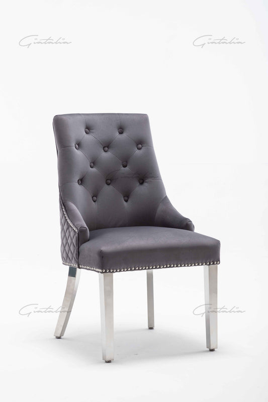 Cheslea Quilted French Velvet Wing Back Lion Head Knocker Chrome Leg Dining Chair - DARK GREY