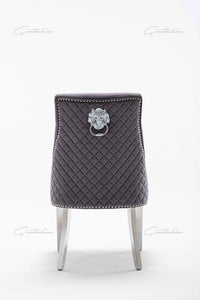 Cheslea Quilted French Velvet Wing Back Lion Head Knocker Chrome Leg Dining Chair - DARK GREY