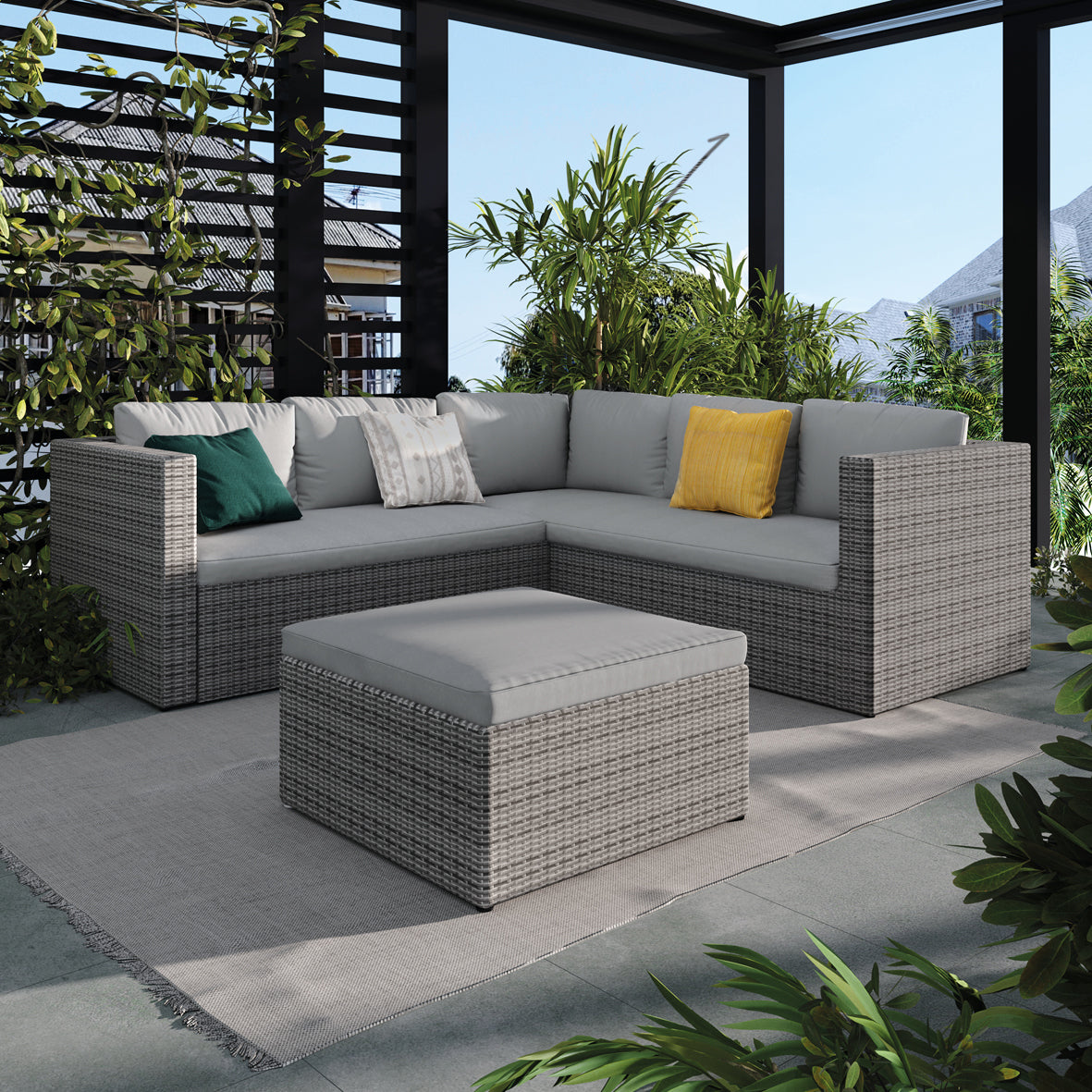 Florida Corner Sofa with Large Stool in Grey Rattan