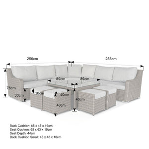 California Large Corner Sofa, Square Coffee Table with 4 Stools in Grey