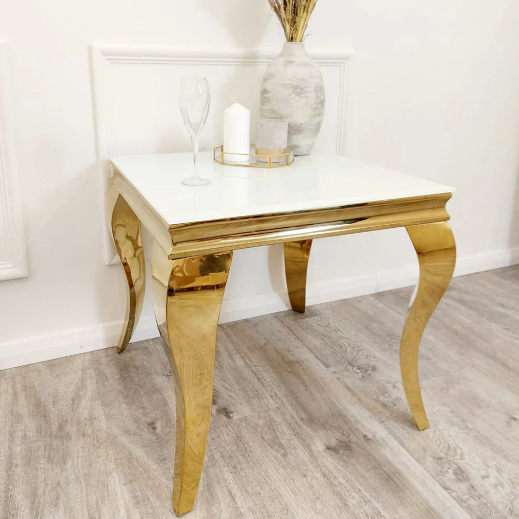 Louis Gold Lamp/Side Table with White Glass Top (60cm x 60cm)