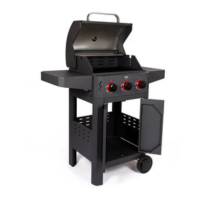 Fogo & Chama, 3 burner BBQ, 3/4 view with top open