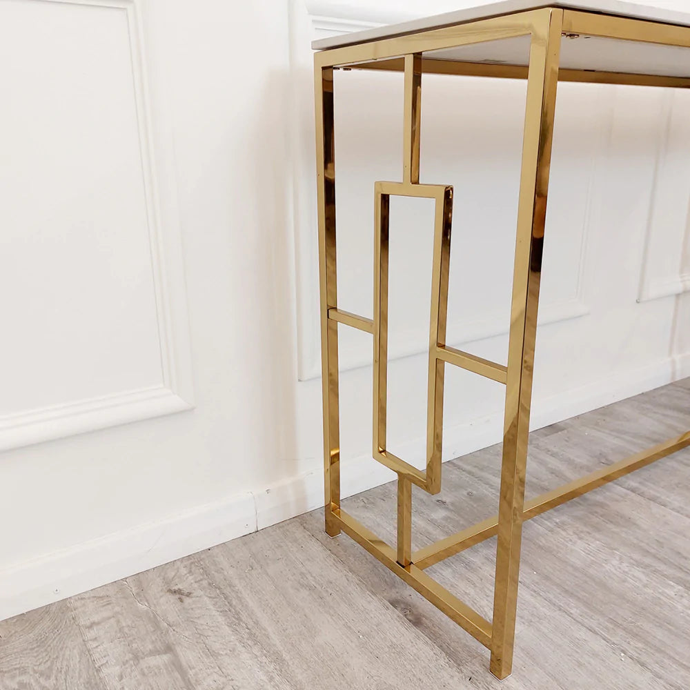 Vogue Gold Console Table with Polar White Sintered Top