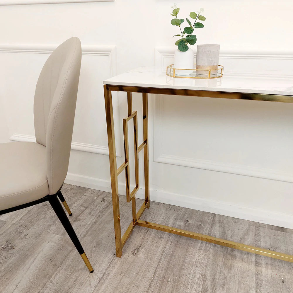 Vogue Gold Console Table with Polar White Sintered Top