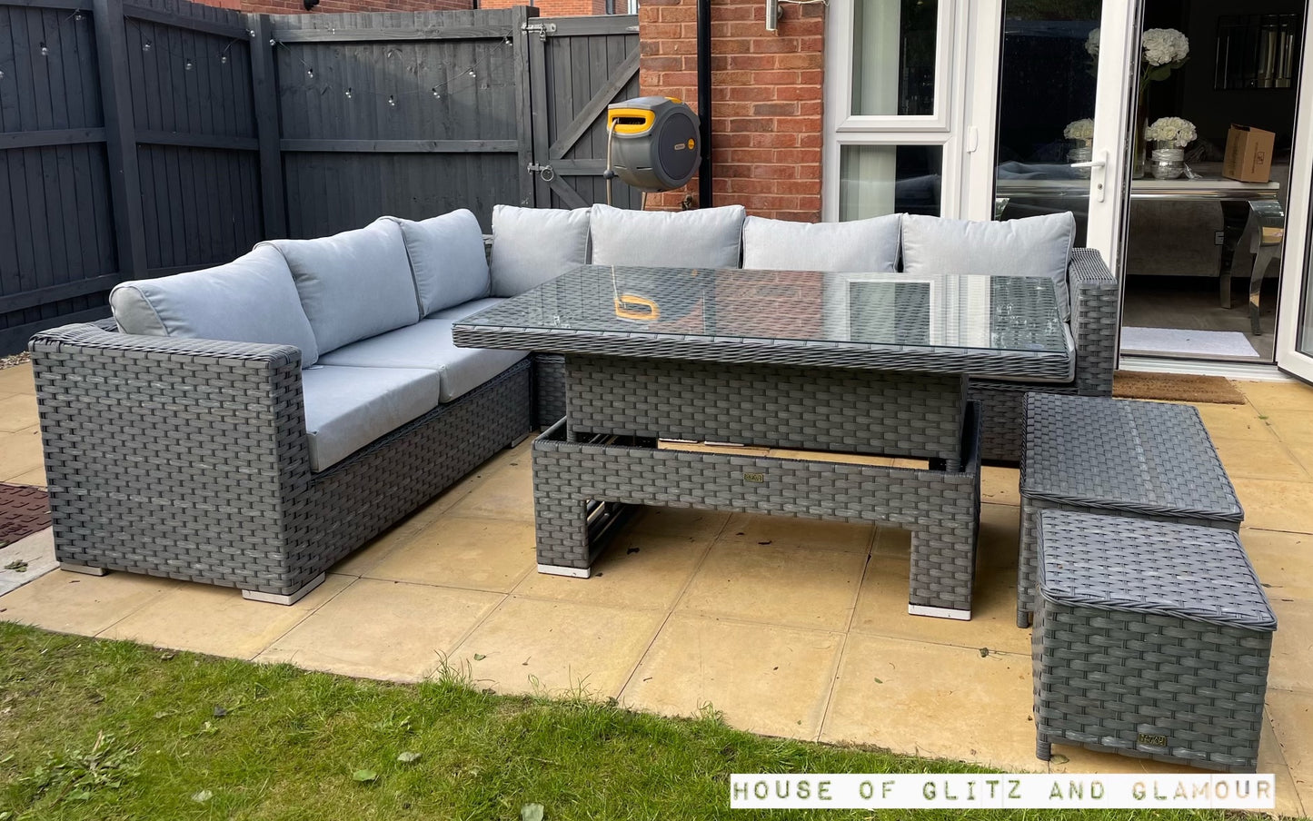 Monte Carlo Rattan Wide Corner Sofa With Rising Dining Table Set In Grey