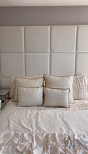 Load image into Gallery viewer, 50 x 50 Velvet wall panels in a 4 x 3 configuration, shown in a bedroom environment with a double bed, home made cushions and a throw.