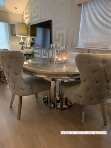 Arianna Round Marble Dining Table 1.3 Metre + 4 Light Grey Tufted Chairs