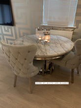 Load image into Gallery viewer, Arianna Round Marble Dining Table 1.3 Metre + 4 Light Grey Tufted Chairs