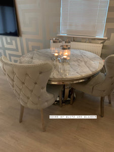 Arianna Round Marble Dining Table 1.3 Metre + 4 Light Grey Tufted Chairs