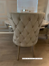 Load image into Gallery viewer, Arianna Round Marble Dining Table 1.3 Metre + 4 Light Grey Tufted Chairs