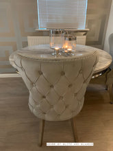 Load image into Gallery viewer, Arianna Round Marble Dining Table 1.3 Metre + 4 Light Grey Tufted Chairs