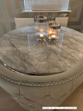 Load image into Gallery viewer, Arianna Round Marble Dining Table 1.3 Metre + 4 Light Grey Tufted Chairs