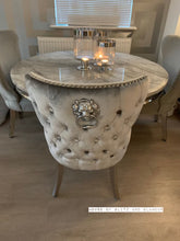 Load image into Gallery viewer, Arianna Round Marble Dining Table 1.3 Metre + 4 Silver Winged Knocker BK Chairs