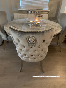 Arianna Round Marble Dining Table 1.3 Metre + 4 Silver Winged Knocker BK Chairs