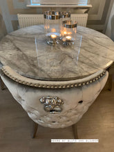 Load image into Gallery viewer, Arianna Round Marble Dining Table 1.3 Metre + 4 Silver Winged Knocker BK Chairs