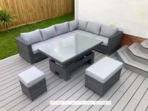 Monte Carlo Rattan Wide Corner Sofa With Rising Dining Table Set In Grey