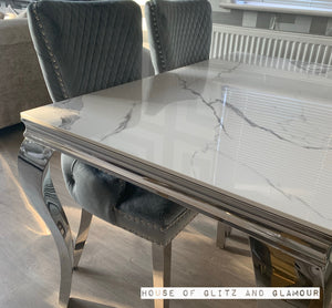 Louis Ice White And Silver Dining Table With Chrome Legs And Sintered Top