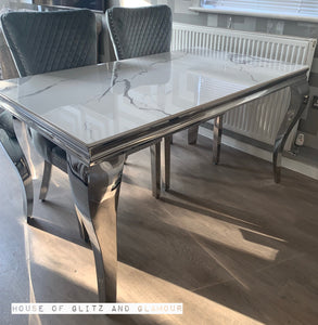 Louis Ice White And Silver Dining Table With Chrome Legs And Sintered Top