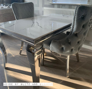 Louis Ice White And Silver Dining Table With Chrome Legs And Sintered Top