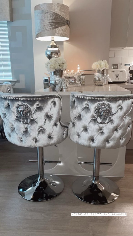 Valentina Silver Winged Tufted Lion Head Knocker Chrome Base Stool - SILVER