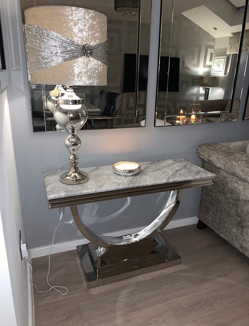 Arianna Grey Marble & Stainless Steel Circular Base Console Table 120cm x 40cm x 75cm