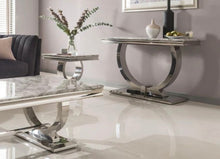 Load image into Gallery viewer, Arianna Grey Marble &amp; Stainless Steel Circular Base Console Table 120cm x 40cm x 75cm