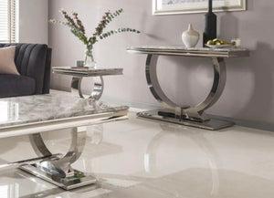 Arianna Grey Marble & Stainless Steel Circular Base Console Table 120cm x 40cm x 75cm