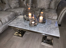 Load image into Gallery viewer, Arianna Grey Marble &amp; Stainless Steel Circular Base Coffee Table 120cm x 60cm x 42cm