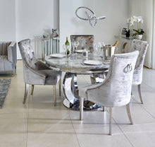 Load image into Gallery viewer, 1.3m Arianna Round Grey Marble &amp; Stainless Steel Circular Base Dining Table
