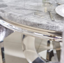 Load image into Gallery viewer, 1.3m Arianna Round Grey Marble &amp; Stainless Steel Circular Base Dining Table