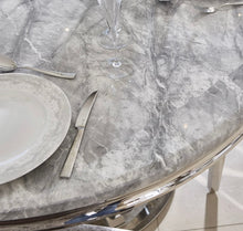 Load image into Gallery viewer, 1.3m Arianna Round Grey Marble &amp; Stainless Steel Circular Base Dining Table