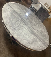 Load image into Gallery viewer, 1.3m Arianna Round Grey Marble &amp; Stainless Steel Circular Base Dining Table