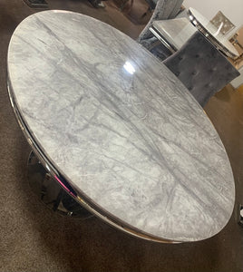 1.3m Arianna Round Grey Marble & Stainless Steel Circular Base Dining Table