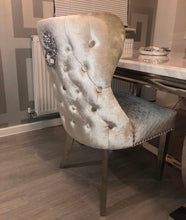 Load image into Gallery viewer, Valentina Mink Champagne Crushed Velvet Lion Knocker Winged Back Quilted Dining Chair