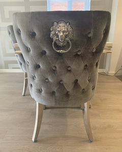 Valentina Grey Crushed Velvet Lion Knocker Winged Back Quilted Dining Chair
